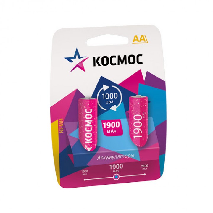 Аккумулятор КОСМОС 1900mAh АА NiMh тип AA R06 LR6 LR06 (2 шт. в одной упаковке)